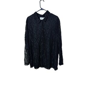 Kathie Lee Woman Black Floral Lace Button Down Shirt Plus Size 22/24 Lined